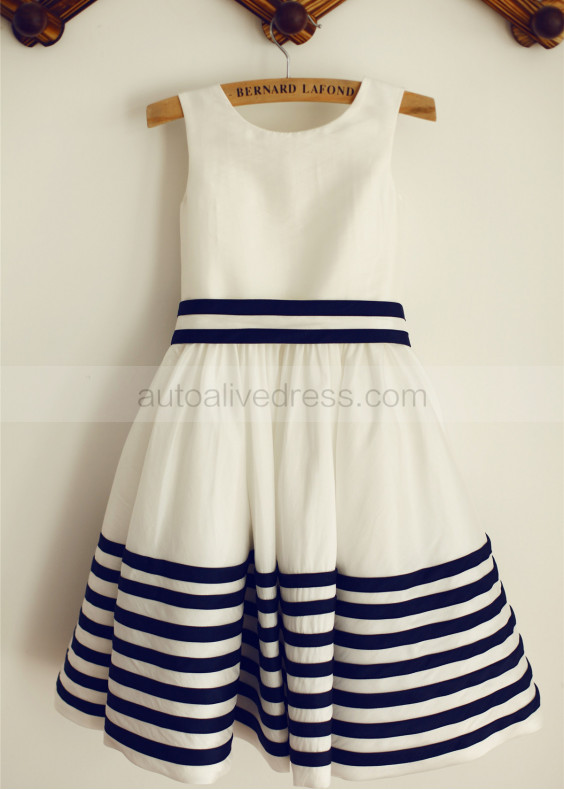 Ivory Taffeta Navy Blue Stripes Flower Girl Dress With Stripe Sash